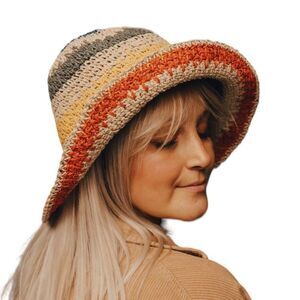 Colorful Crochet Stripes Summer Beach Straw Sun Hat - NEW